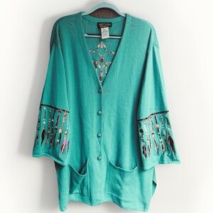 Bob Mackie Womens 3XL Green Embroidered Dream Catcher Button Cardigan Sweater
